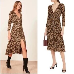 Reformation 6 Alma Leopard Midi Dress V Neck Button Down